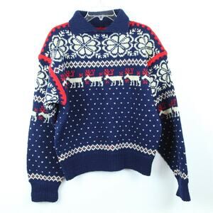 Vintage 50s Hand Knit Sweater Collared Pullover Birdseye Novelty L 50" Wool Ski